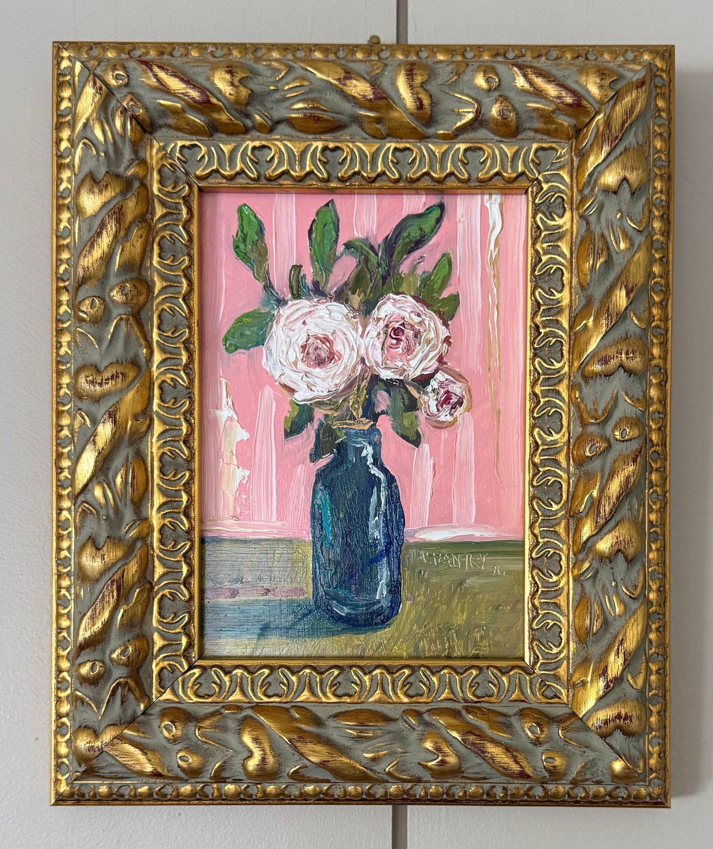 Flowers in Antique Blue Glass Bottle