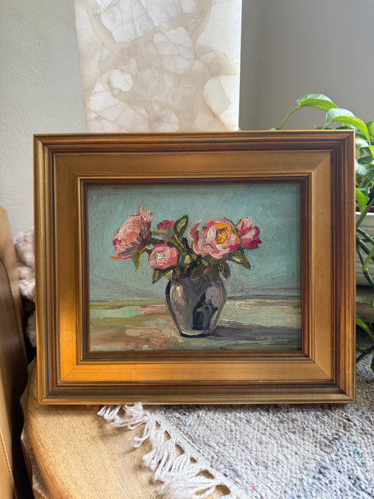 Flowers in ceramic vase - oil on canvas